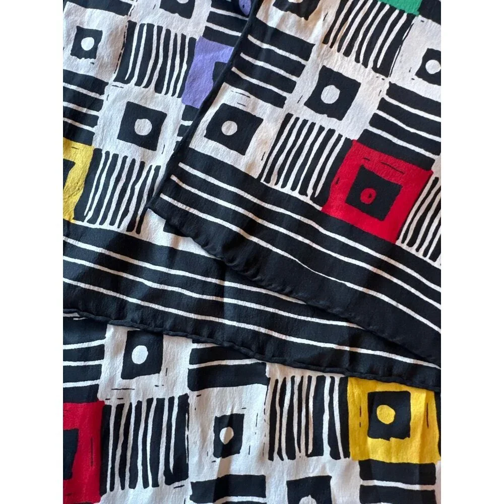 Vintage‎ Geometric Patterned Silk Scarf Black/White Red Yellow Purple Accents
